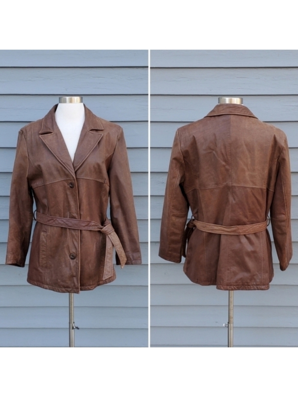 Vintage 90s y2k Wilsons Brown Leather Insulated Midi Car Moto Boho Belted Coat L